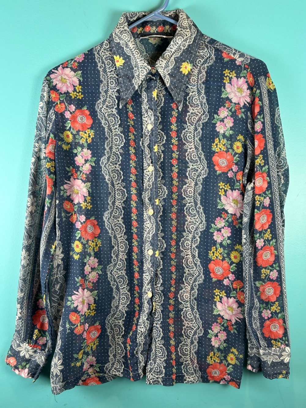 Vintage Floral Button-Up Shirt in Navy with Pink & Coral Flowers